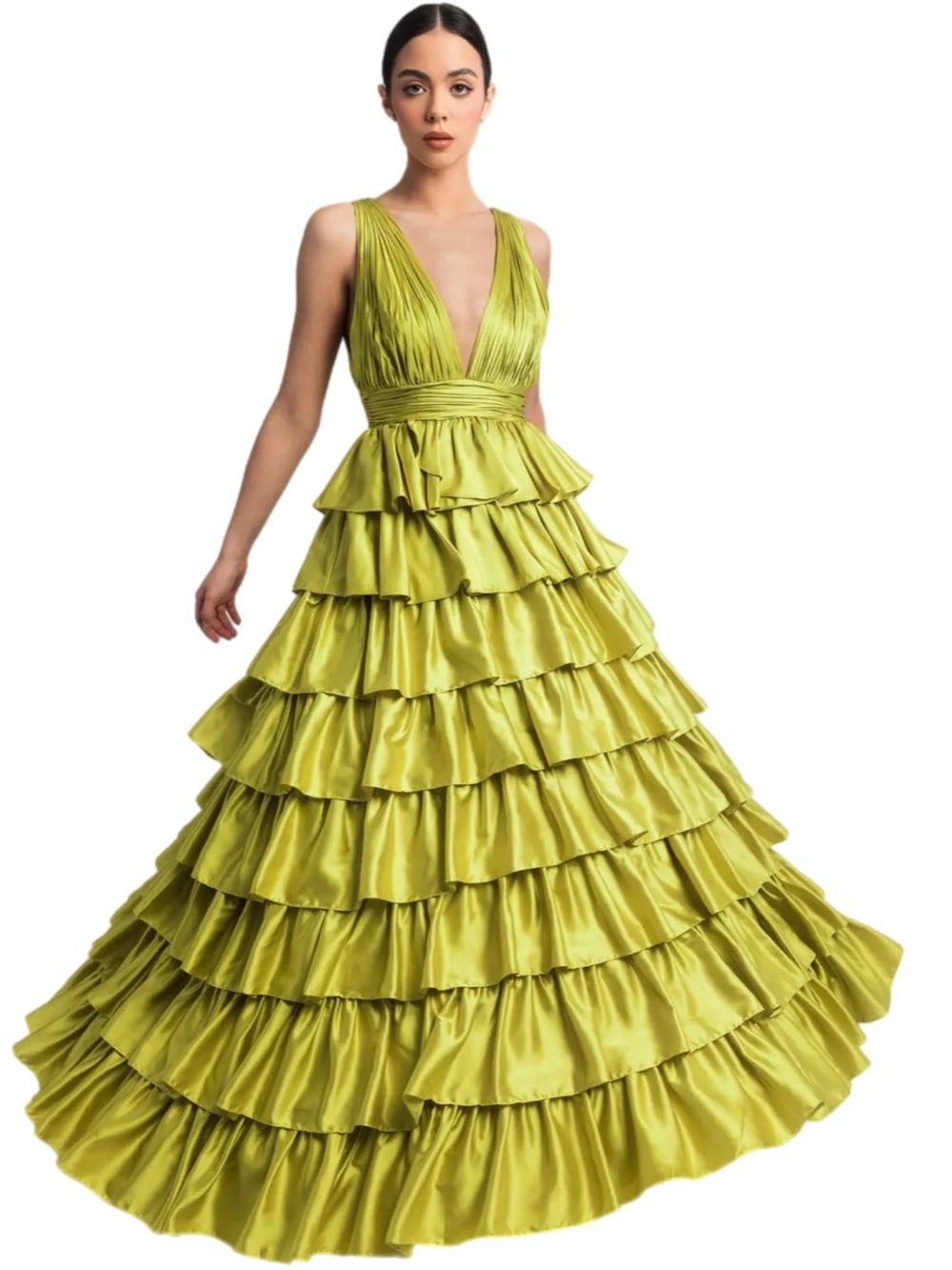 NWT Mac Duggal $498 MSRP Green Satin Tiered Ruffle Plunging Neck A-Line Gown - Picture 3 of 8